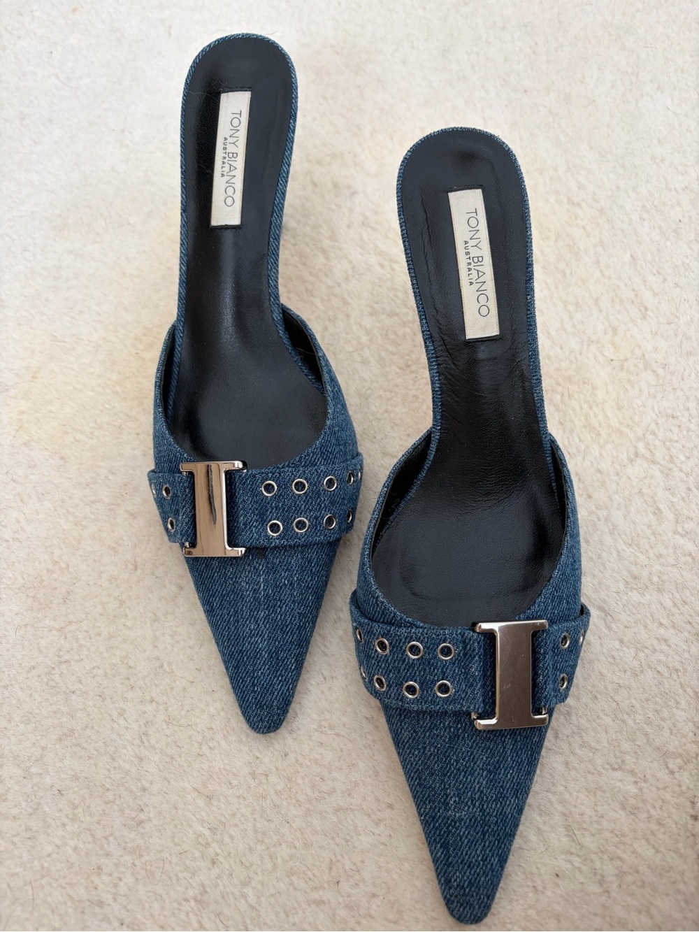 Tony Bianco Denim Pointed Mule with Silver Buckle